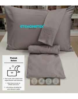 ETEHOMETEX PAMUK SATEN ÇİFT KİŞİLİK YASTIK KILIFLI LASTİKLİ ÇARŞAF SETİ 160x200cm GRİ 8696474231573