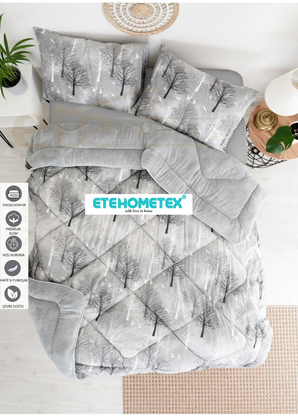 ETE HOMETEX ÇİFT KİŞİLİK WELSOFT YORGAN 195X215CM AĞAÇ DESEN GRİ 8696474231712