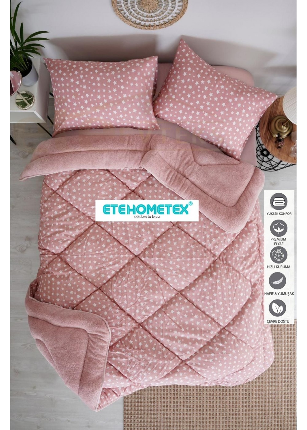 ETE HOMETEX ÇİFT KİŞİLİK WELSOFT YORGAN 195X215CM YILDIZ DESEN PUDRA 8696474231662