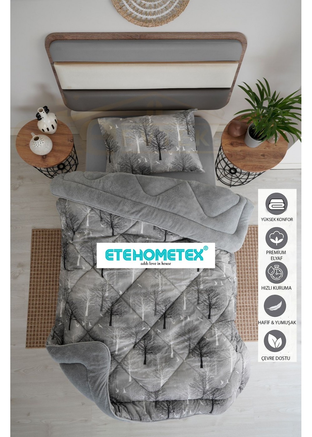 ETE HOMETEX TEK KİŞİLİK WELSOFT YORGAN 155X215CM AĞAÇ GRİ 8696474231749