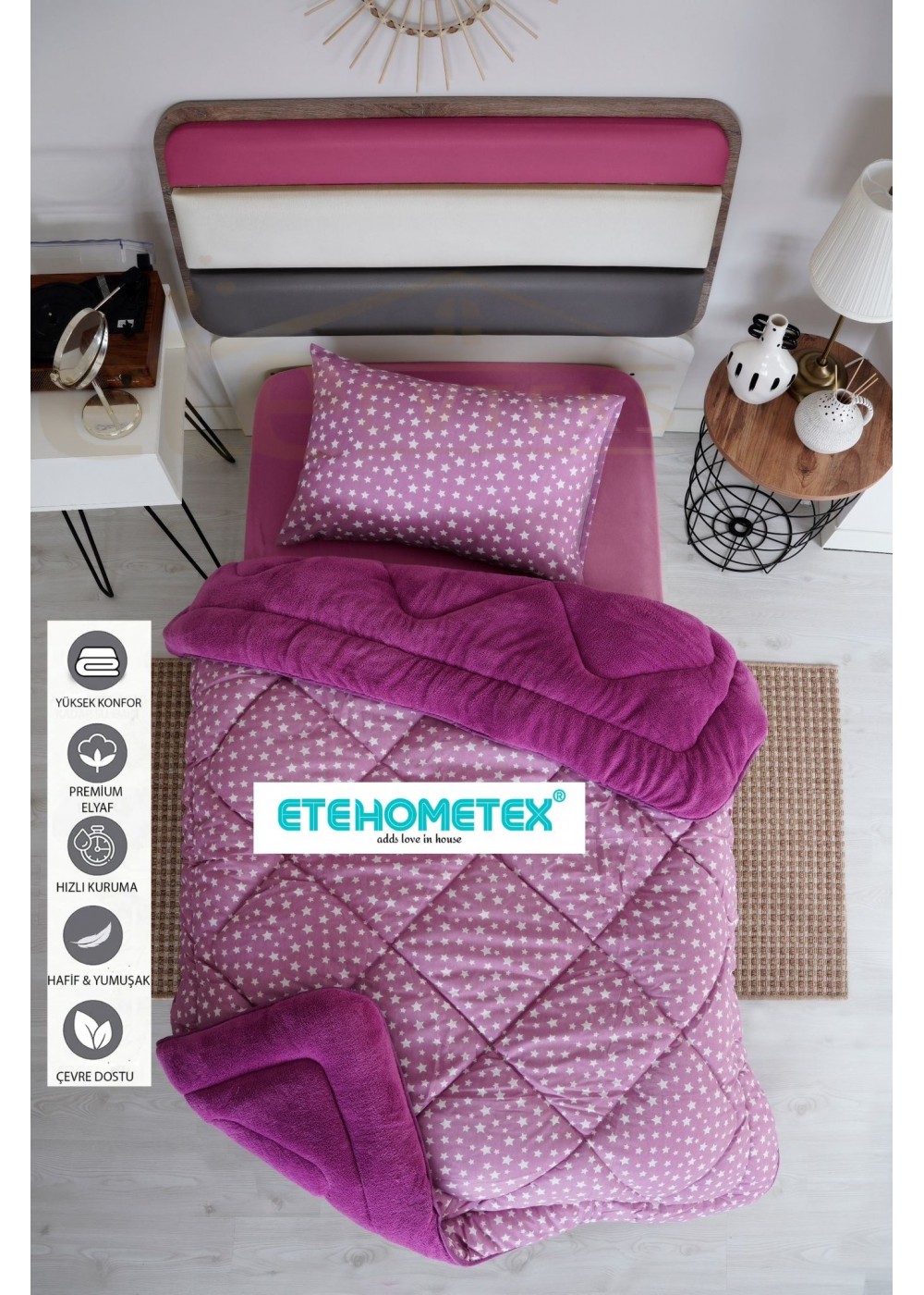 ETE HOMETEX TEK KİŞİLİK WELSOFT YORGAN 155X215CM YILDIZ DESEN MÜRDÜM 8696474231665