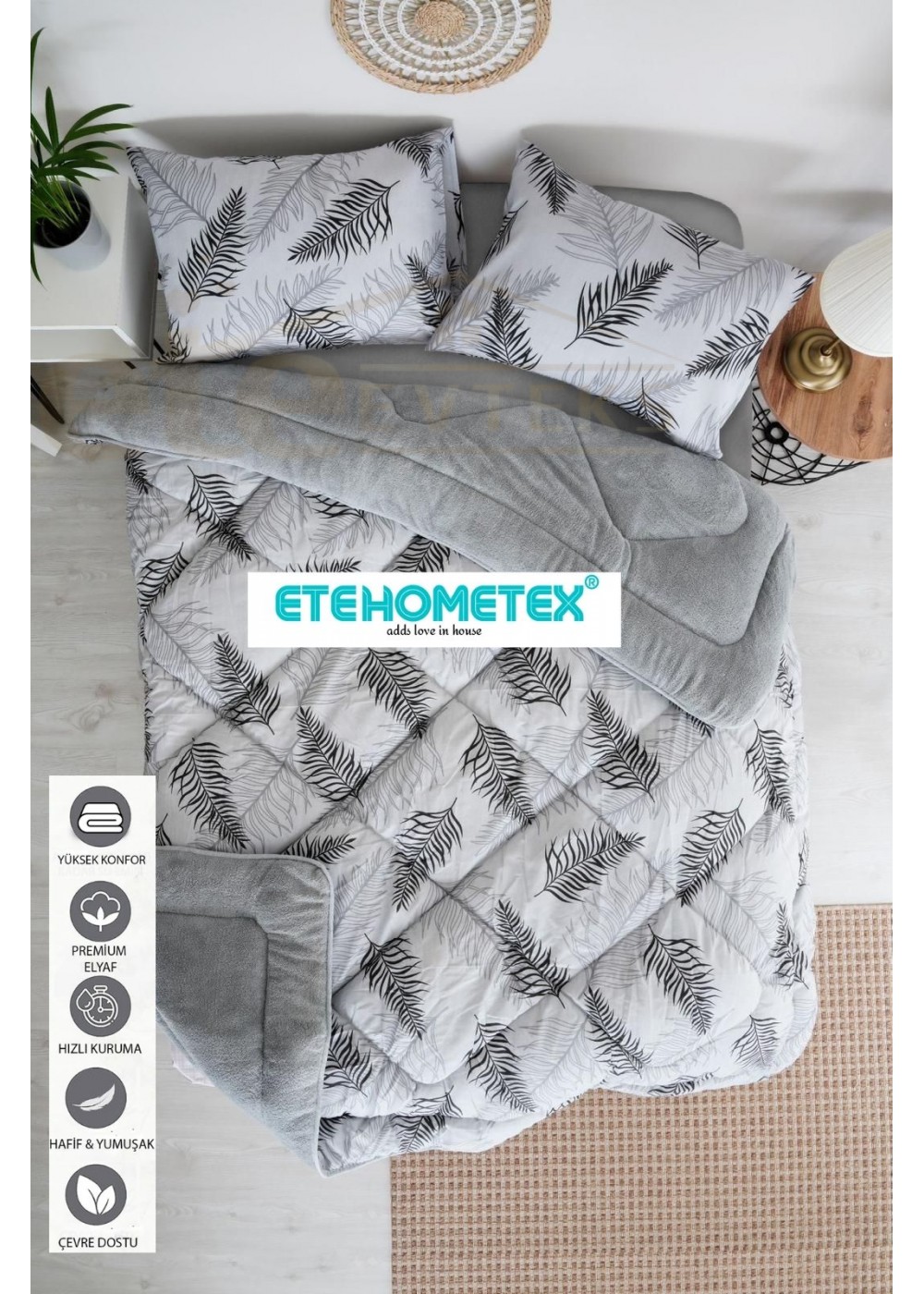 ETE HOMETEX ÇİFT KİŞİLİK WELSOFT YORGAN 195X215CM YAPRAK DESEN GRİ 8696474231661