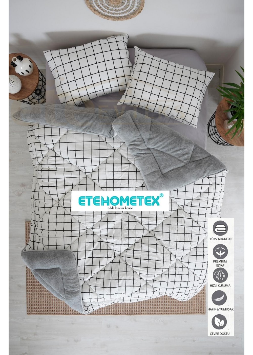 ETE HOMETEX ÇİFT KİŞİLİK WELSOFT YORGAN 195X215CM KARELİ GRİ BEYAZ 8696474231669