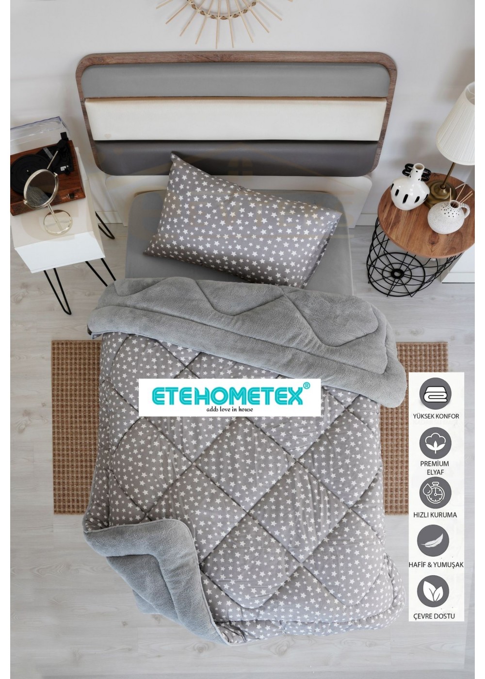 ETE HOMETEX TEK KİŞİLİK WELSOFT YORGAN 155X215CM YILDIZ GRİ 8696474231748