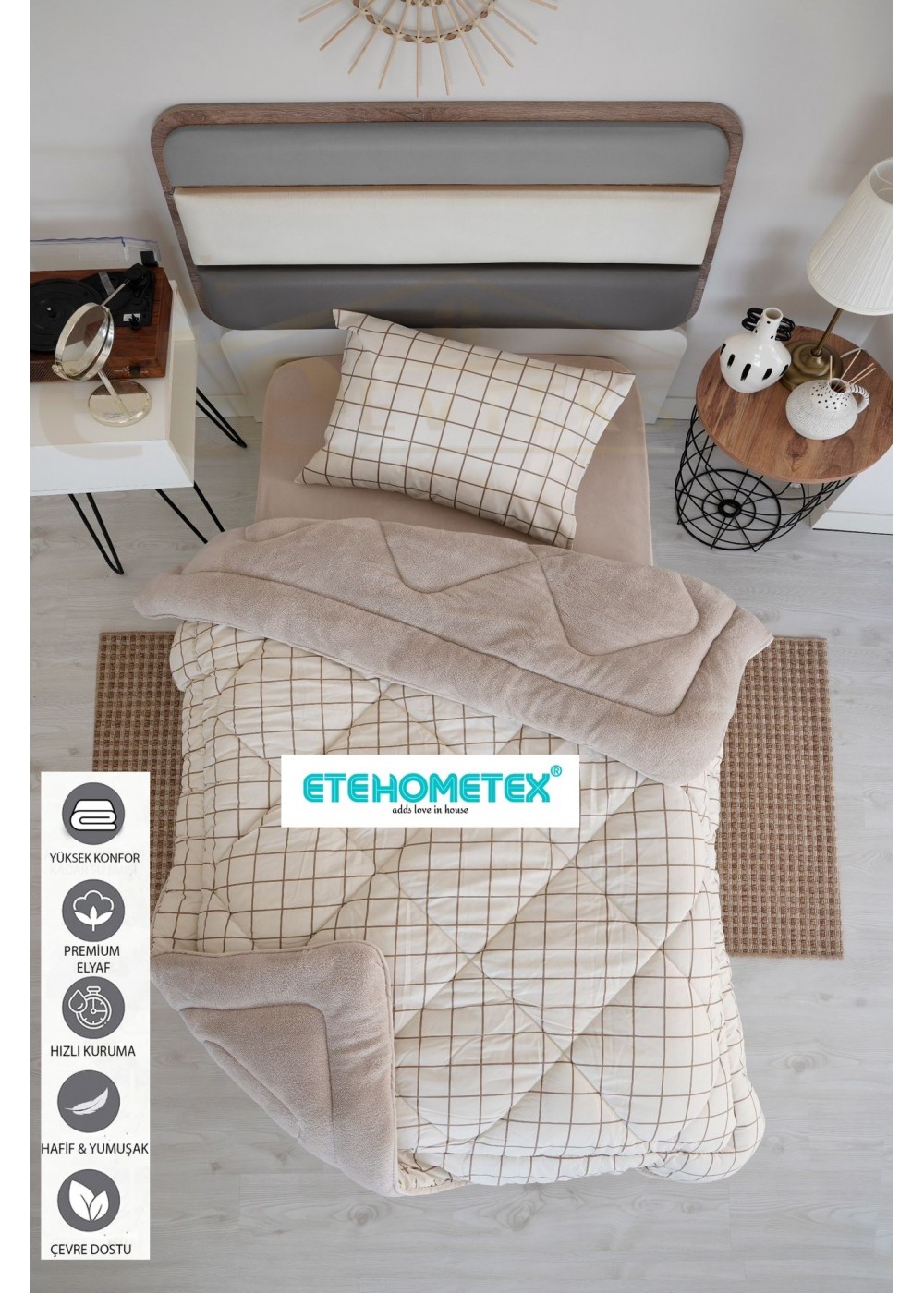 ETE HOMETEX TEK KİŞİLİK WELSOFT YORGAN 155X215CM KARE BEJ 86964742311737