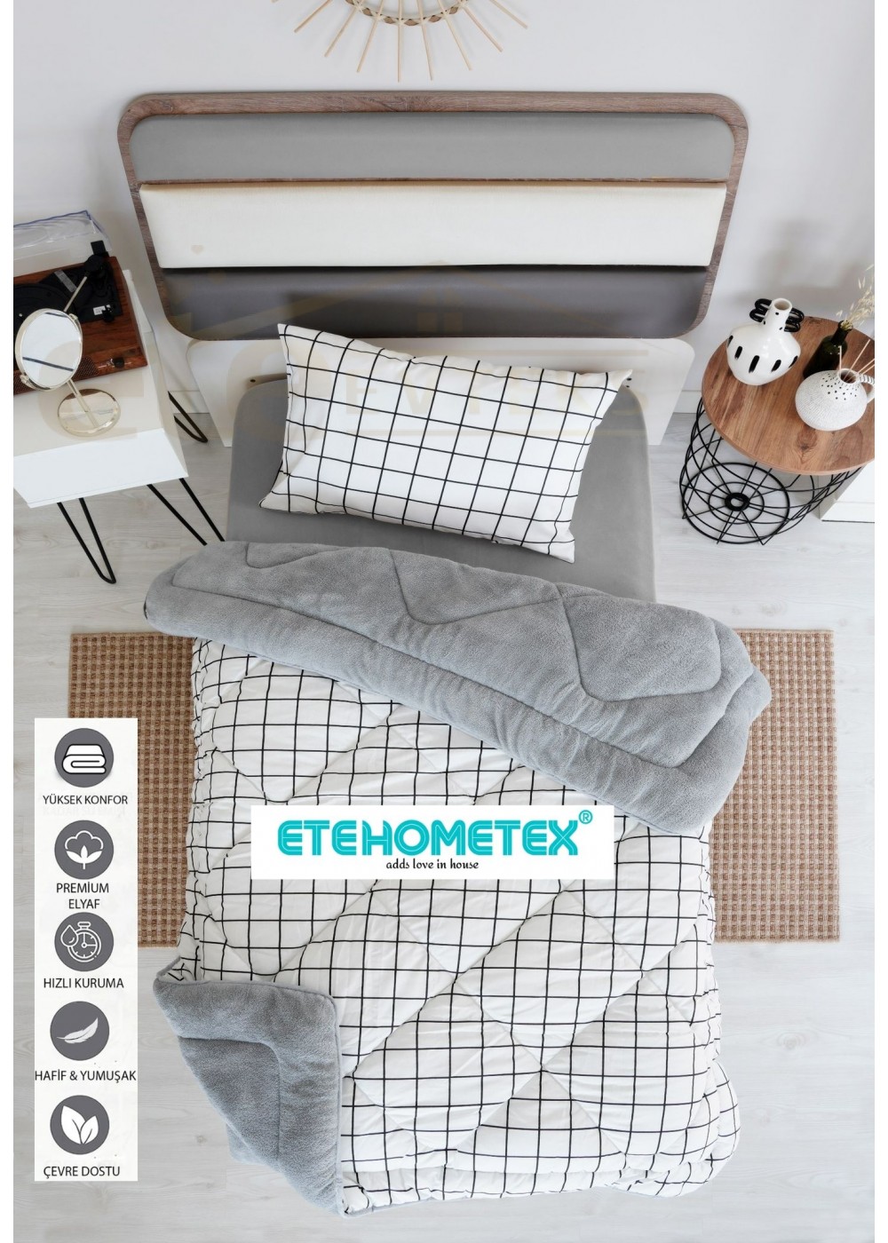 ETE HOMETEX TEK KİŞİLİK WELSOFT YORGAN 155X215CM KARE BEYAZ 8696474231746