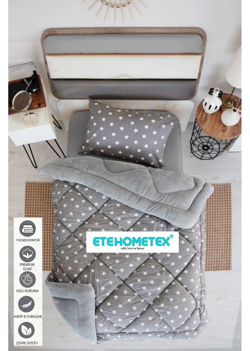 ETE HOMETEX TEK KİŞİLİK WELSOFT YORGAN 155X215CM YILDIZ DESEN KOYU GRİ 8696474231754