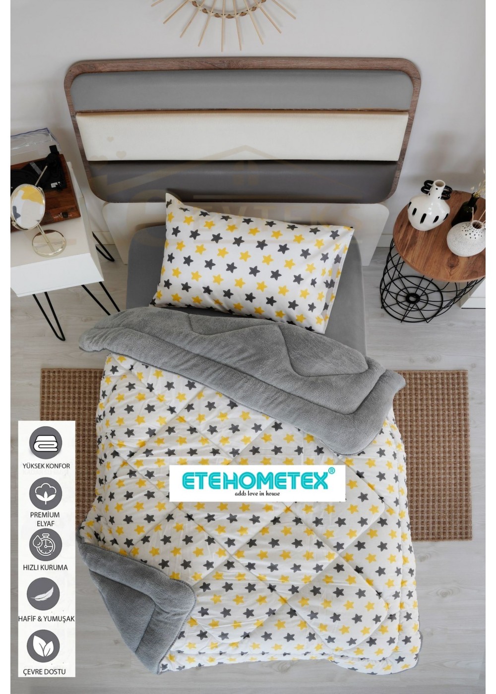 ETE HOMETEX TEK KİŞİLİK WELSOFT YORGAN 155X215CM YILDIZ DESEN SARI 8696474231751