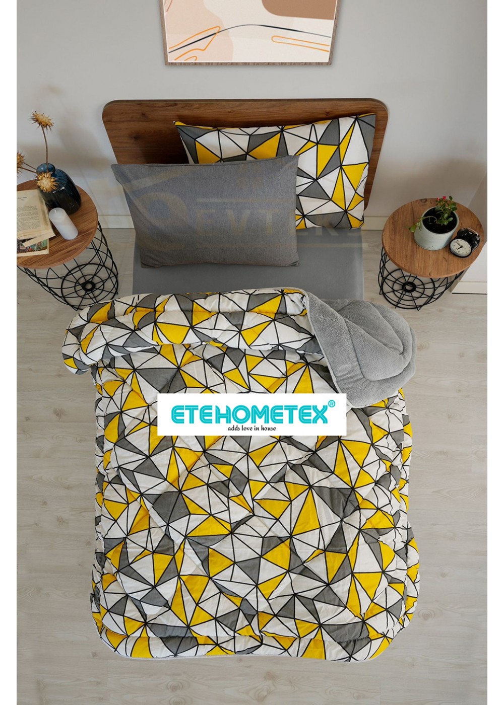 ETE HOMETEX TEK KİŞİLİK WELSOFT YORGAN 155X215CM GEOMETRİK DESEN GRİ-SARI 8696474231757